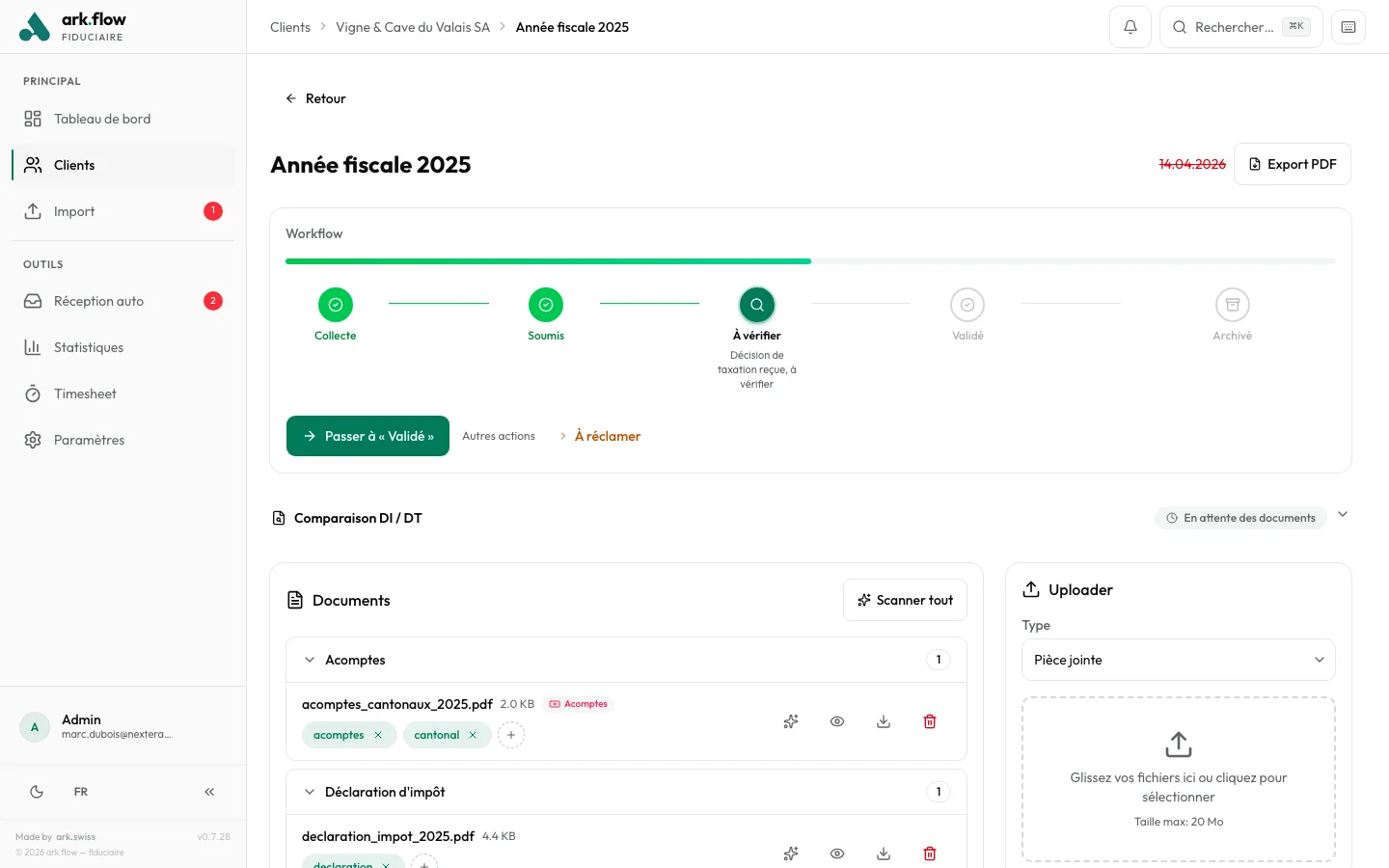 Vue dossier fiscal avec documents et comparaison DI/DT