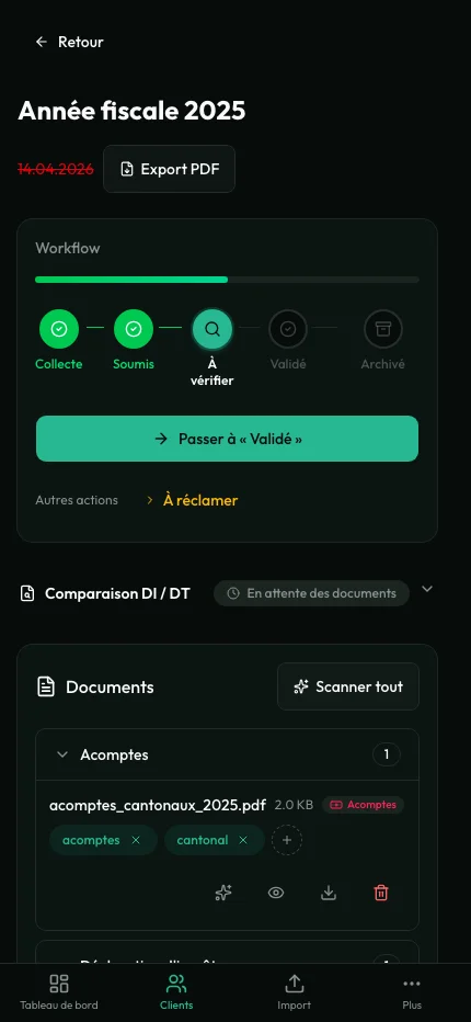 Vue dossier fiscal avec documents et comparaison DI/DT