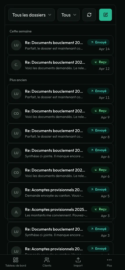 Messagerie intégrée avec threads par client
