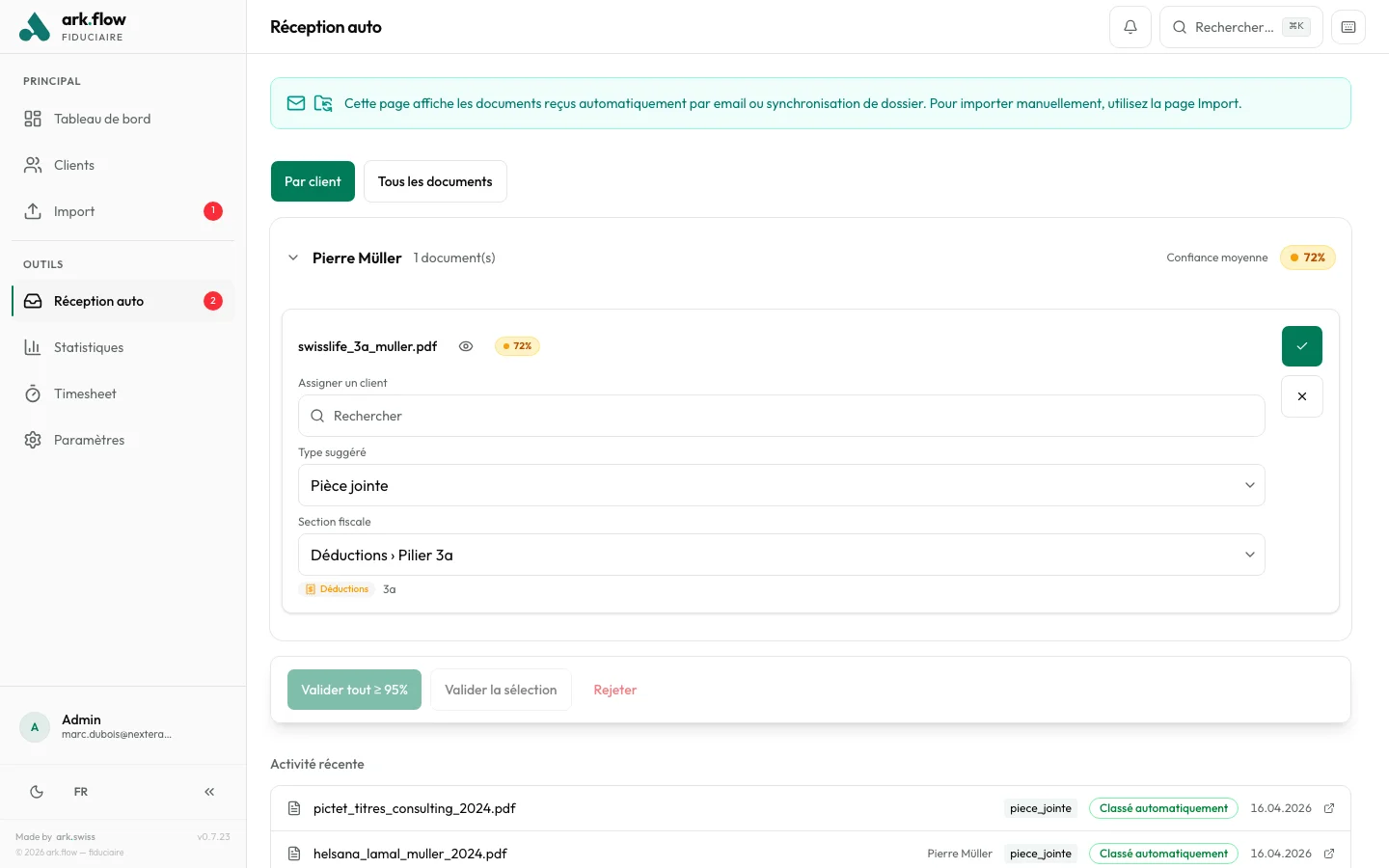 Réception automatique avec catégorisation IA des documents fiscaux